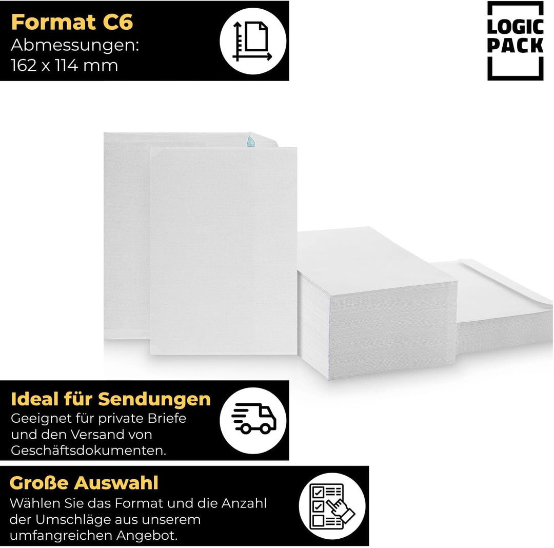 1000 Briefumschläge C6 Weiss, haftklebend, ohne Fenster, 75g/m² | Diskreter Versand, blickdichter In