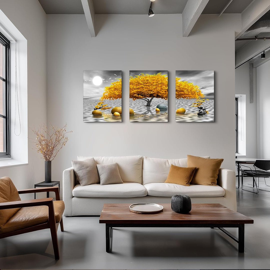 hyidecorart Bilder Baum Gelb, Natur Gold Bäume Leinwand Bilder, 3 Teilig Wandbilder Wohnzimmer, Mode