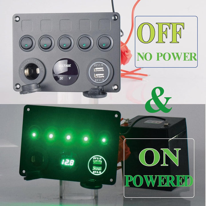 Etrogo 5 Gang Kippschalter Panel mit Dual USB Steckdose ät 4.2A + Wasserdicht LED Voltmeter +Zigaret