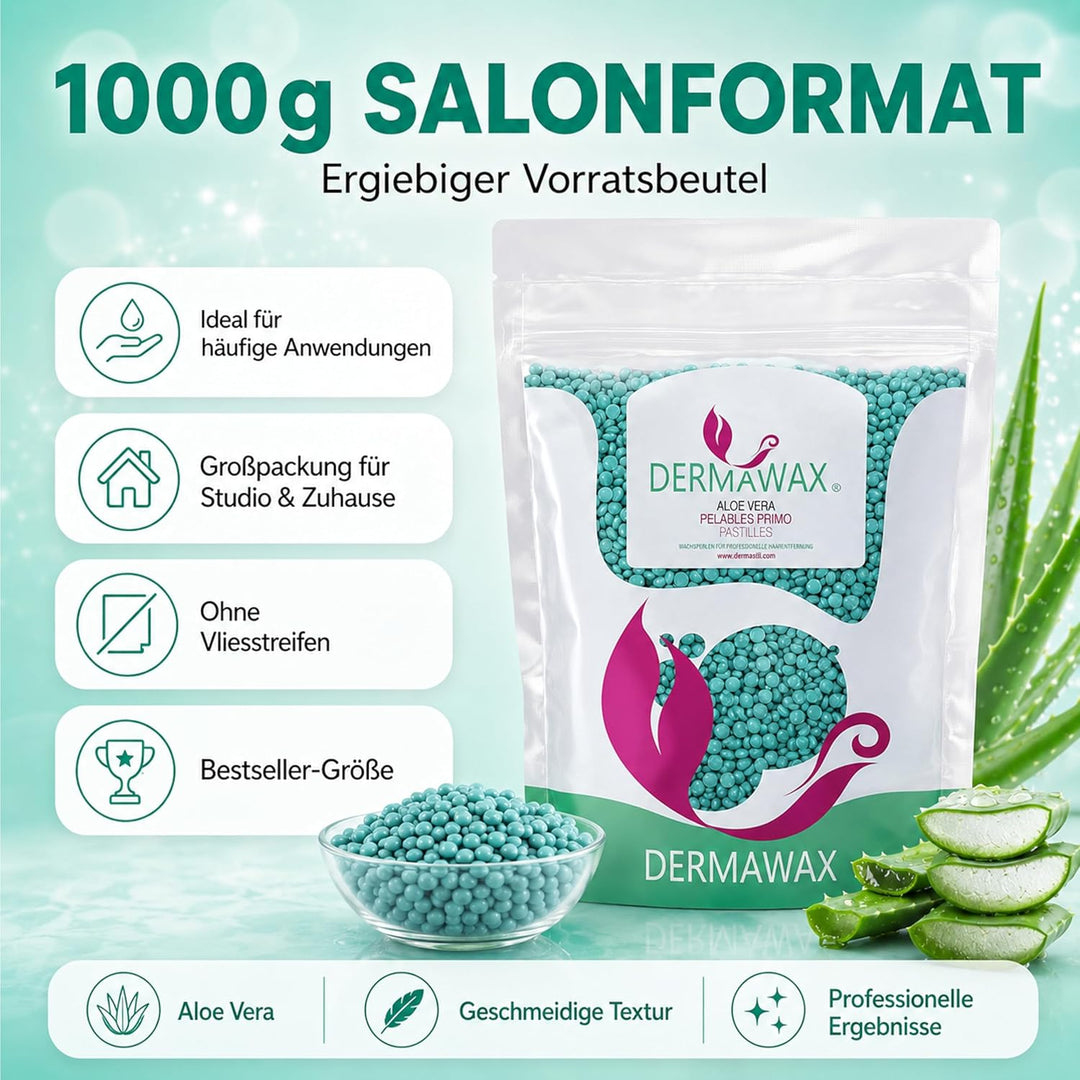 Dermawax 1 kg Aloe Vera Wachs Heisswachs Waxing Perlen Wachsperlen Anwendung ohne Wachsstreifen zur