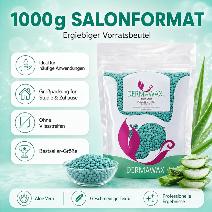 Dermawax 1 kg Aloe Vera Wachs Heisswachs Waxing Perlen Wachsperlen Anwendung ohne Wachsstreifen zur