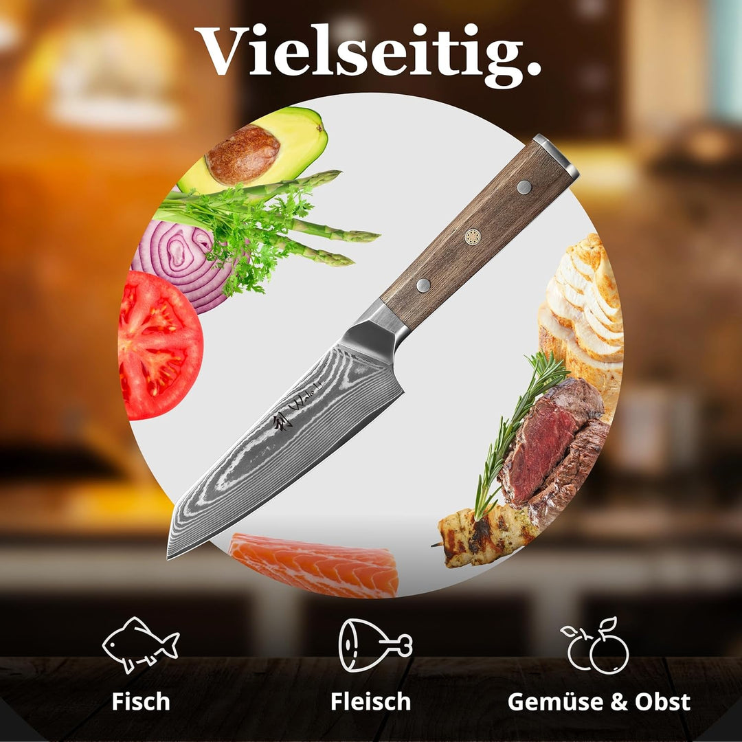 Wakoli Hickory Kiritsuke-Chefmesser 15 cm, 67 Lagen Damaststahl, VG10-Kern | Full-Tang-Konstruktion,