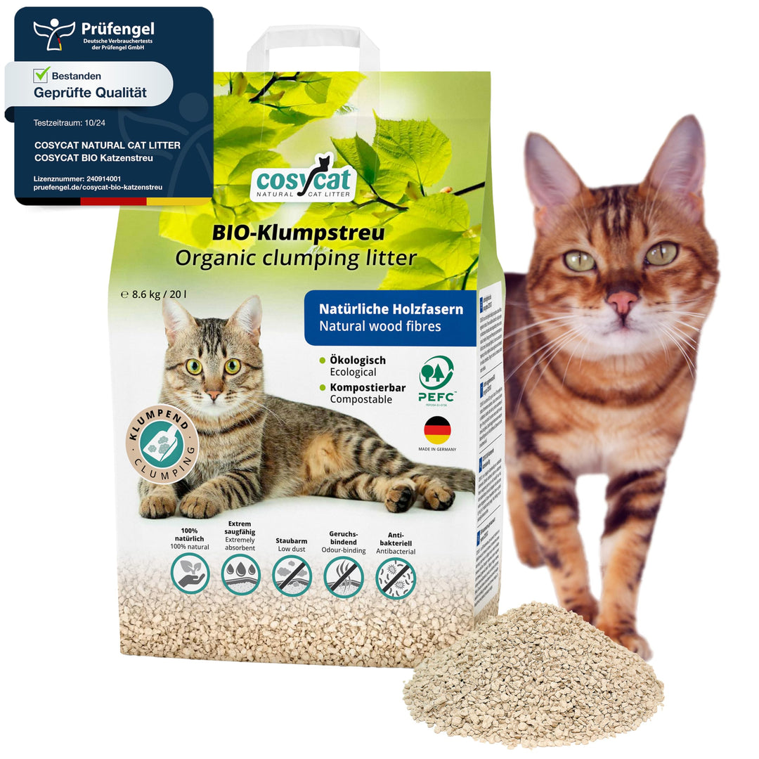 COSYCAT Klumpendes Bio-Katzenstreu aus Holz [100% Natürlich] – 20 l - in der Toilette entsorgbar – K