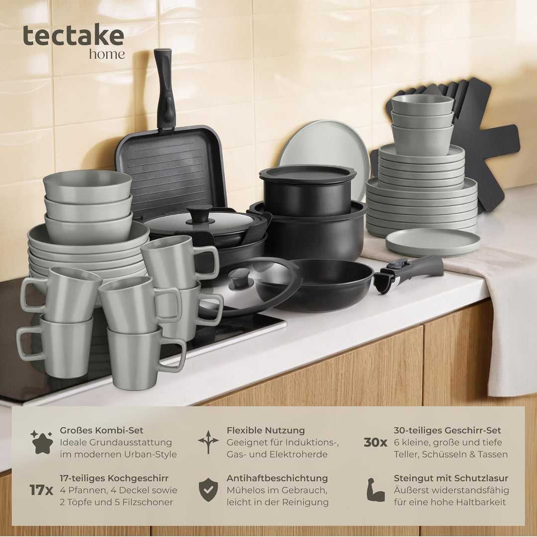 tectake® 47-tlg. Küchenstarterset, Steingut Geschirrset 6 Personen, Tassen, Teller Set, 2x Kochtopf,