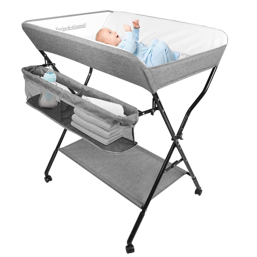 OHMG Baby Wickelkombi Klappbare Wickelkommode,Wickeltisch mit Rollen,Mobiler Wickeltisch mit Wickela