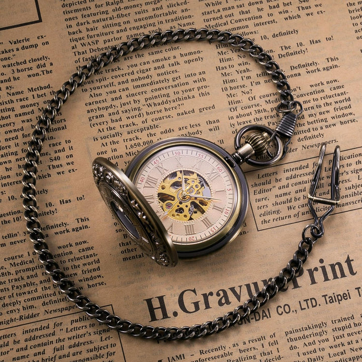 TREEWETO Unisex Taschenuhr mit Kette Analog Handaufzug Antik Skelett Römische Ziffern Bronze