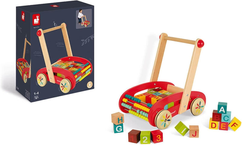 Janod - Tatoo Abc Buggy Wooden Walker for Children - 30 Blocks Included - For children from the Age