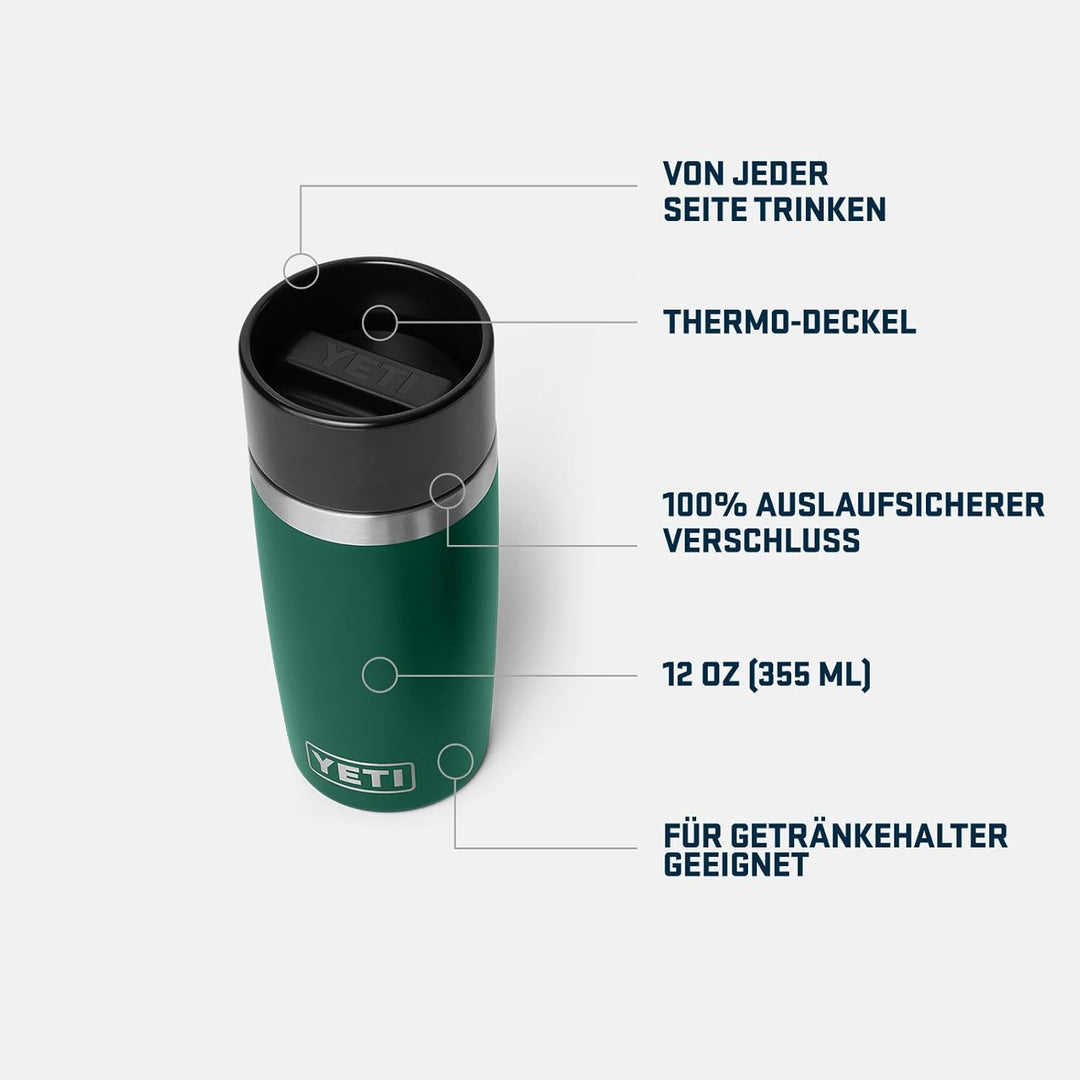 YETI Rambler Thermobecher 12 oz (355 ml) Black Forest Green – Kaffeebecher To Go, Thermotasse mit ab