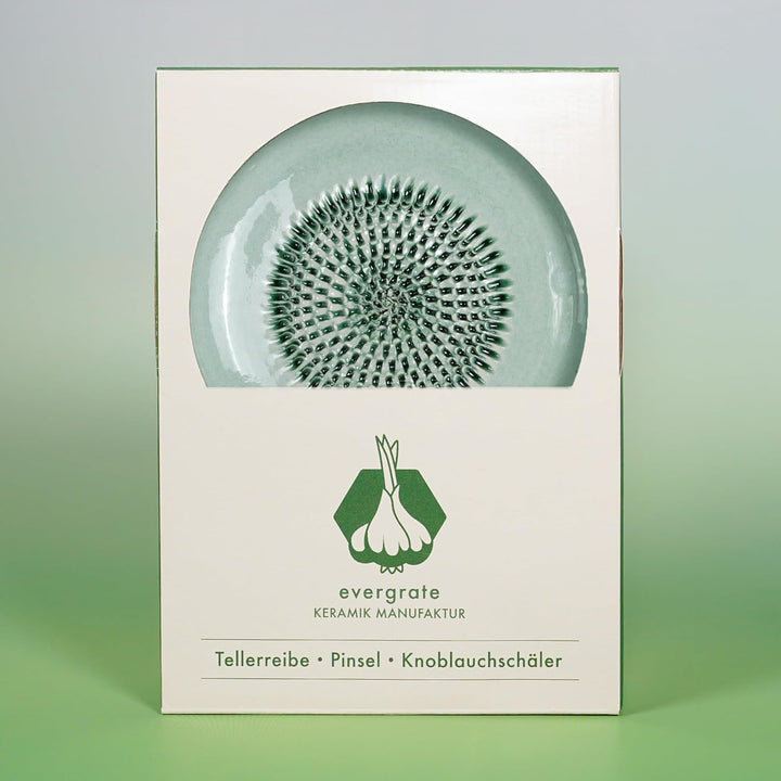 Evergrate® Keramikreibe Mint mit Geschenkbox – mit Reibe, Knoblauchschäler, Rezeptheft & Pinsel – Ha