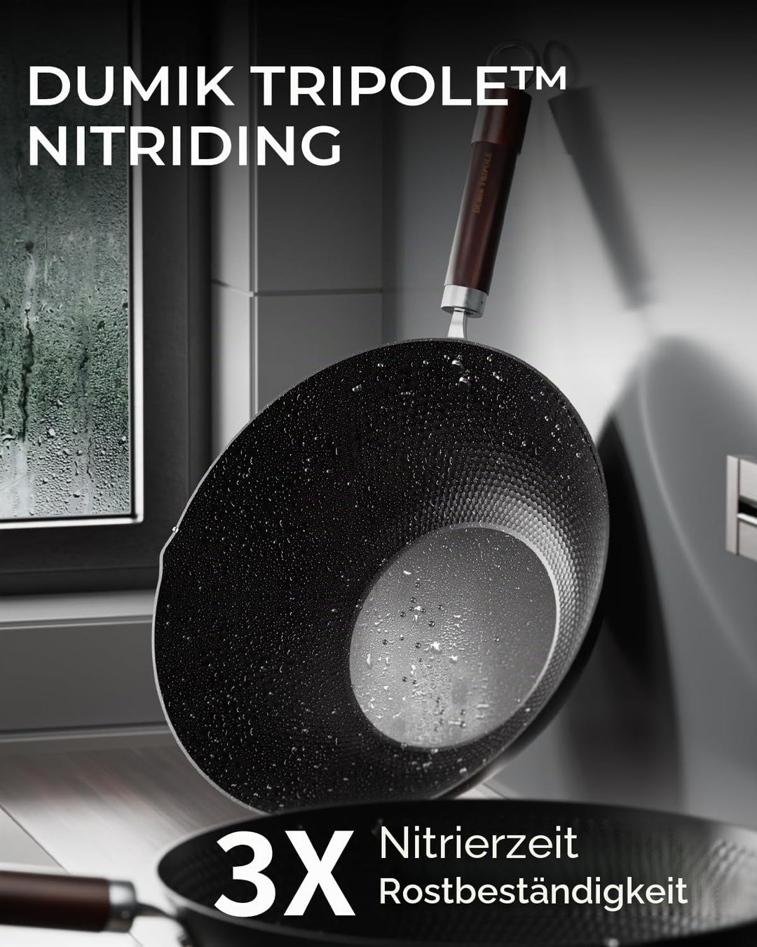 Wokpfanne aus Karbonstahl, Tripol-Nitrierte, vorgebrannte Woks mit flachem Boden, antihaftbeschichte