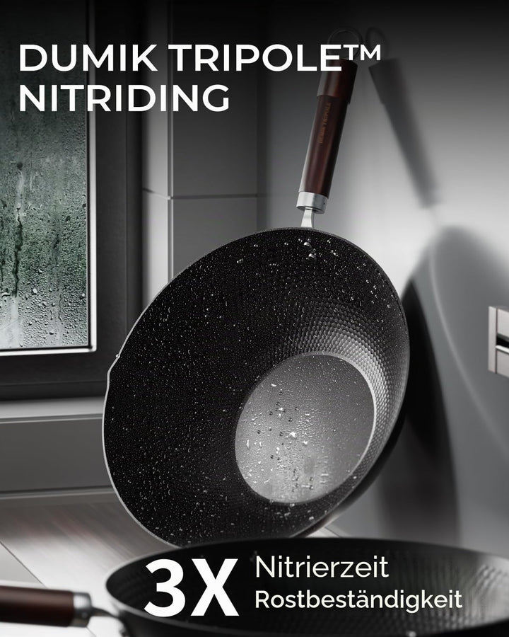 Wokpfanne aus Karbonstahl, Tripol-Nitrierte, vorgebrannte Woks mit flachem Boden, antihaftbeschichte