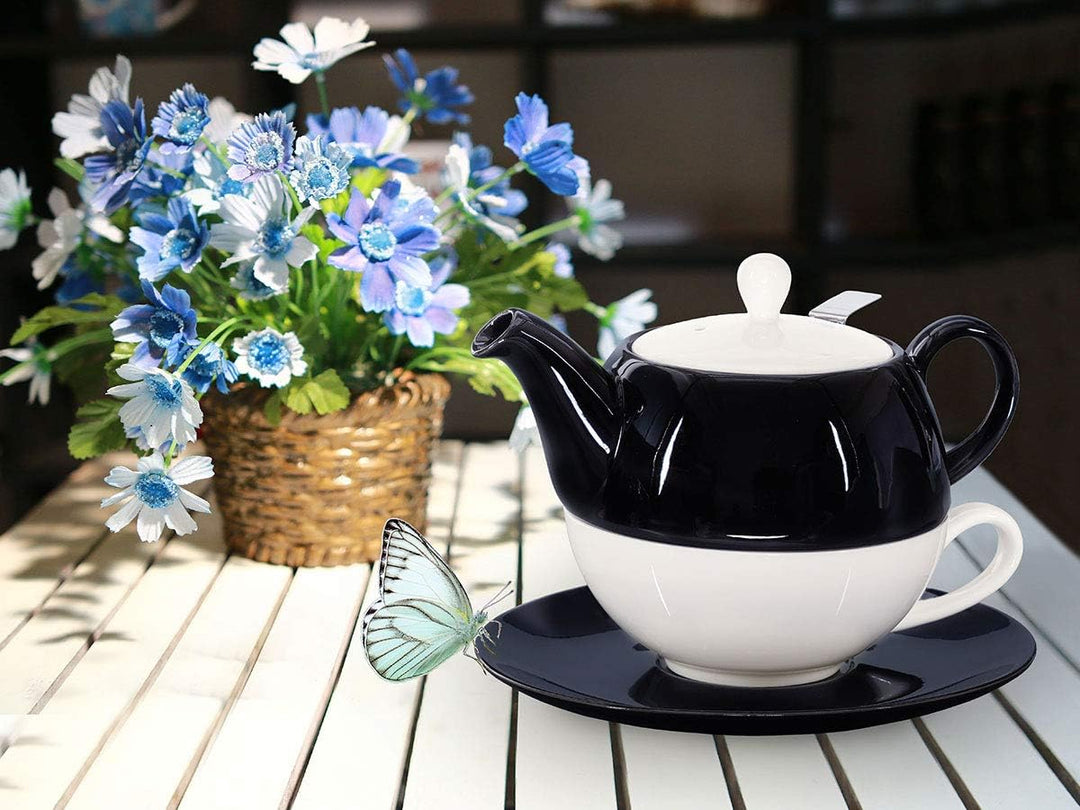 Tea for One mit Sieb Lena 500ml aus Crystal Bone China Porzellan in schwarz-weiss. Teekanne + Teetas