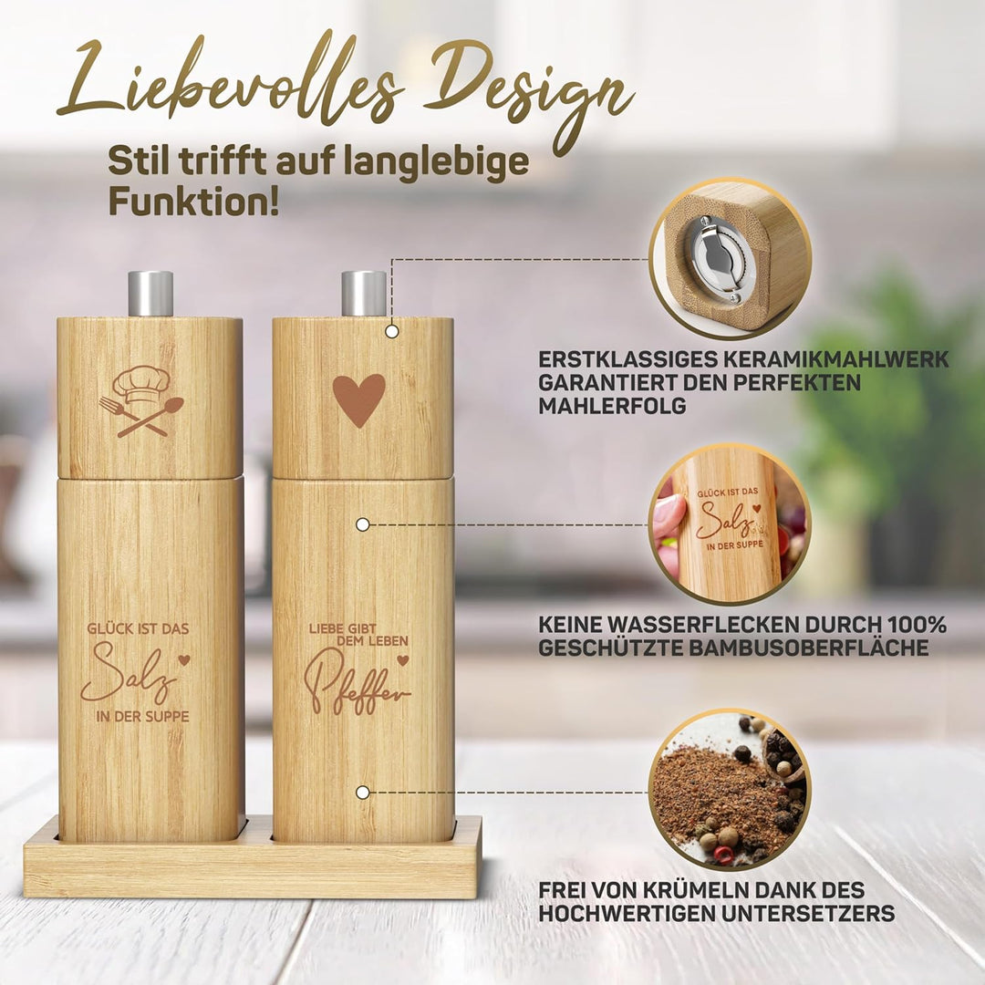 ELBFUCHS® Salz und Pfeffermühle Holz Gross [NEU] Liebevolles 2-er Set Pfeffer und Salzmühle mit Kera