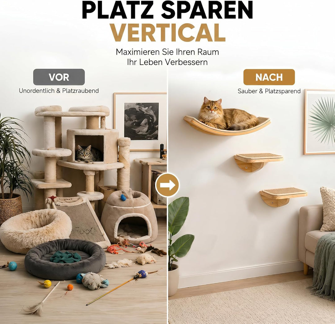 Katzen Kletterwand, Katzenleiter 2er-Set mit Kratzmatte, Wandmontiertes Kiefernholz Katzentreppe Wan