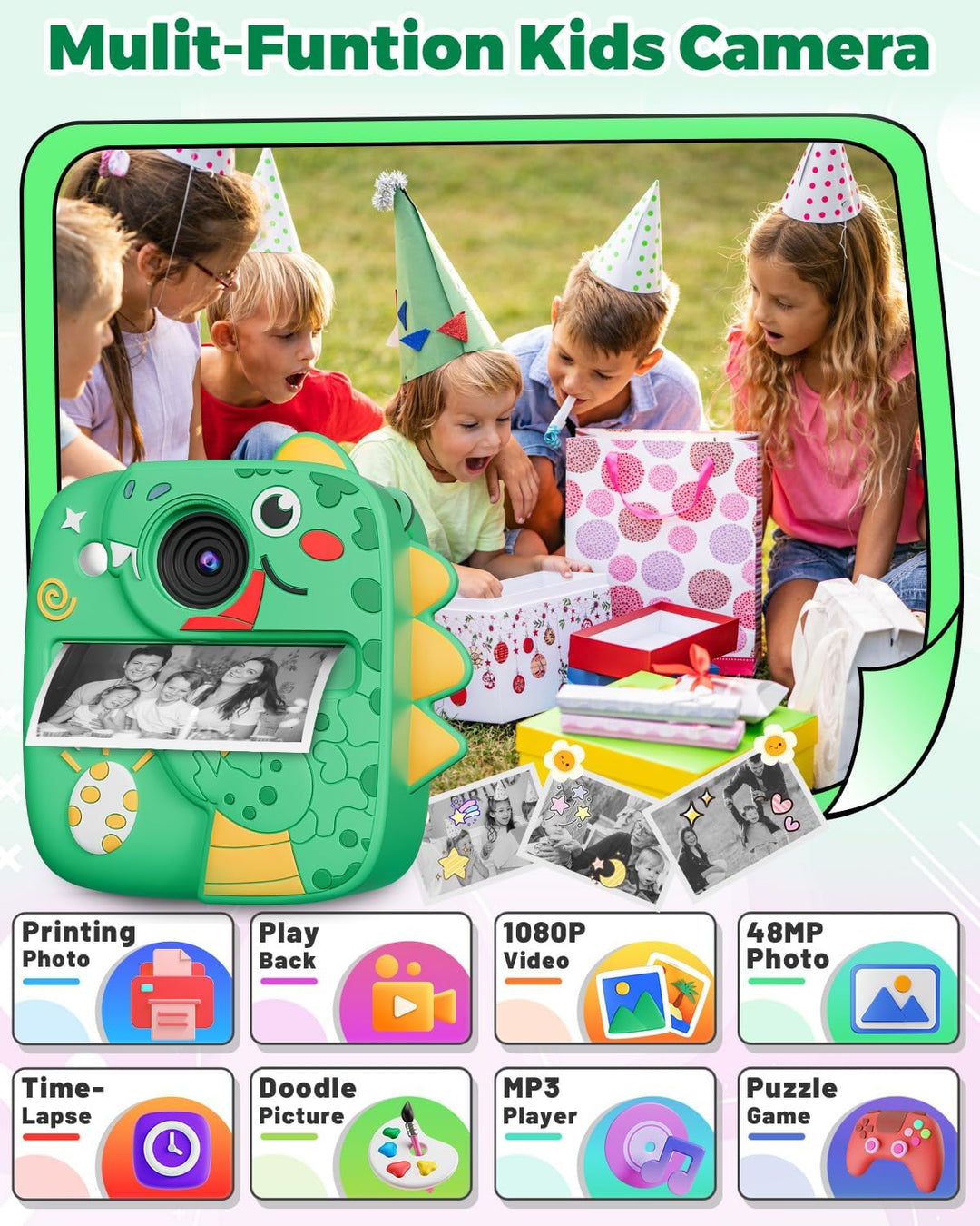 CHRERNA Sofortbildkamera Kinder, Kinderkamera Kompaktkameras Sofortdruck von Fotos, 1080P HD Kamera