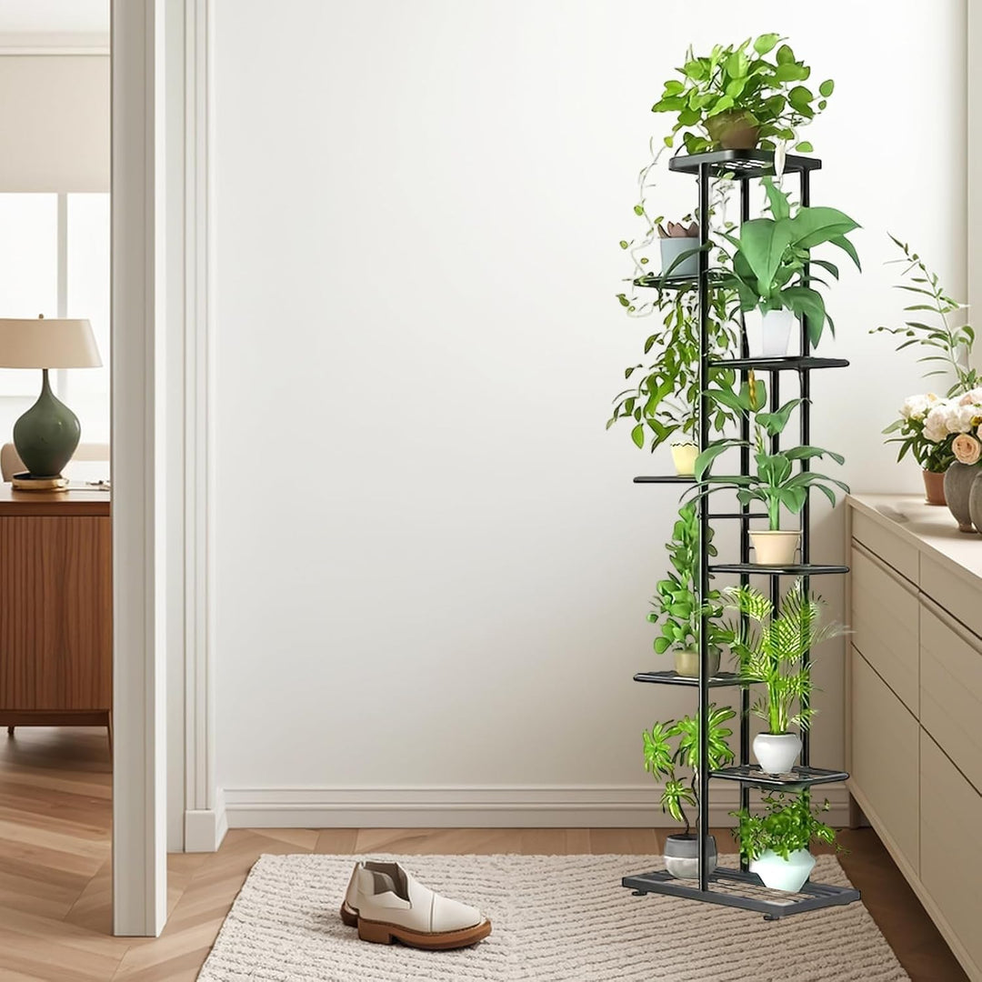 8 Etagen Blumenständer mit Rollen, Hoher Metall Pflanzenständer für 9 Töpfe, 142cm Blumenhalter Schw