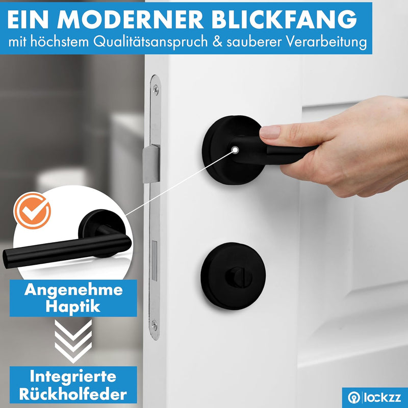 lockzz Türgriff Drückergarnitur Würzburg-II, Edelstahl schwarz matt, Türbeschlag für Badezimmertüren
