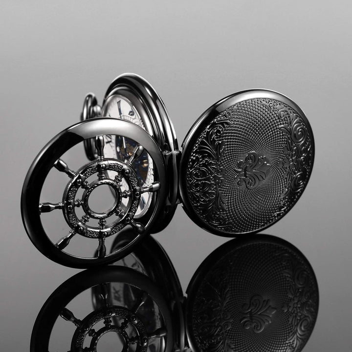 TREEWETO Unisex Taschenuhr mit Kette Analog Mechanisch Handaufzug Doppelscharnier Ruder Skelett Für