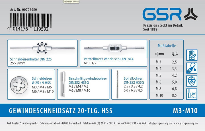 GSR Profi HSS-G Gewindeschneidsatz, 20-teilig, Geschliffen, Gewindebohrer Set M3-M12, Einschnittgewi