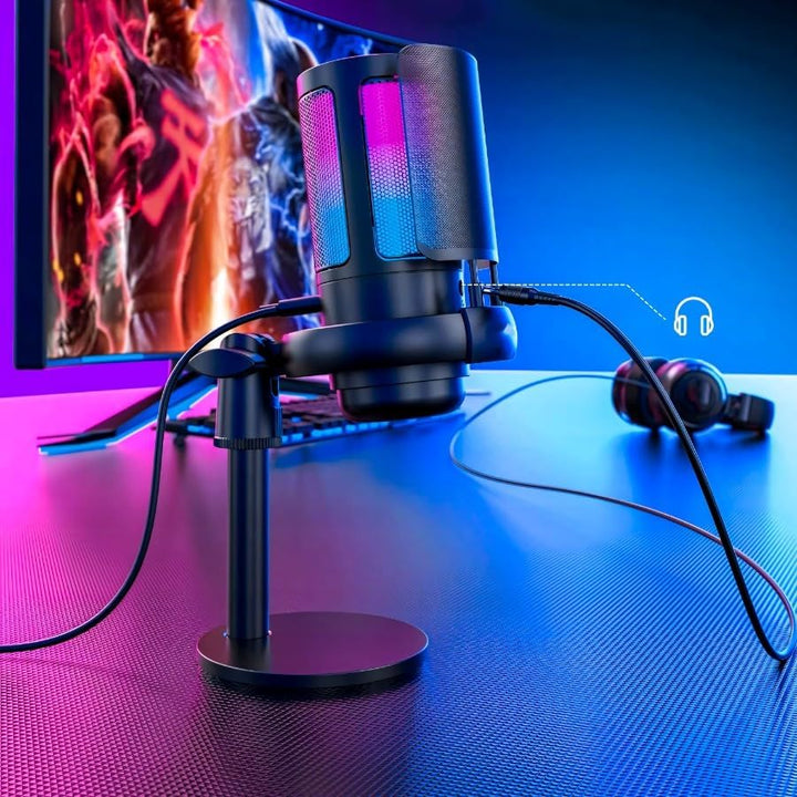 Retoo Gaming Mikrofon RGB, USB Mikrofon mit EIN-klick-Stummschaltfunktion, Rauschunterdrückung, Laut