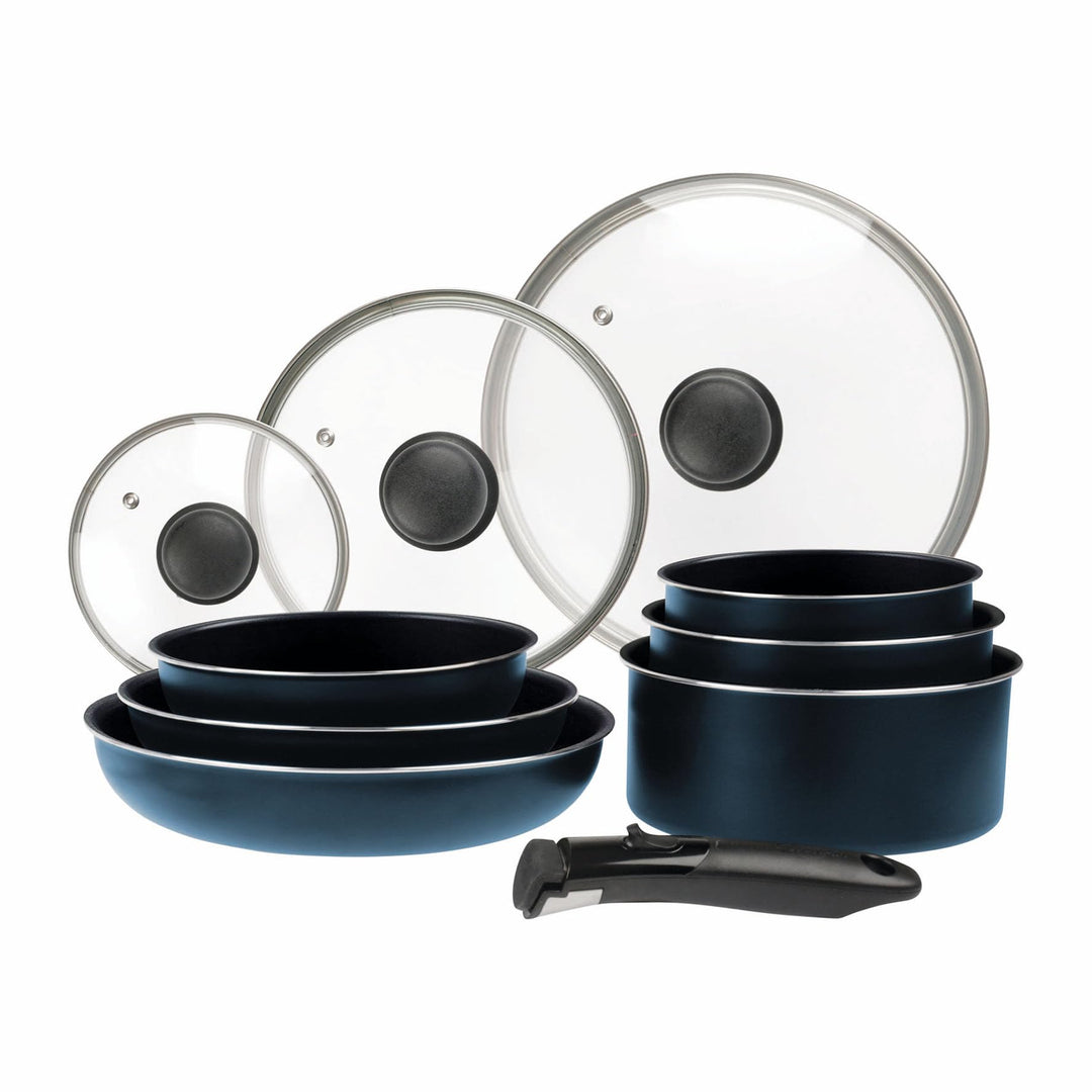 Sitram 714251 Kochgeschirr, 10-teilig, Aluminium, blau-metallisch-matt: abnehmbarer Griff, 3 Pfannen