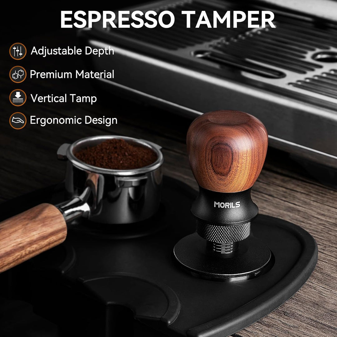 MORILS Kaffee Tamper 53.3mm, Nussholz Espresso Tamper, einstellbare Tiefe, Edelstahl Basis Tamper Pa