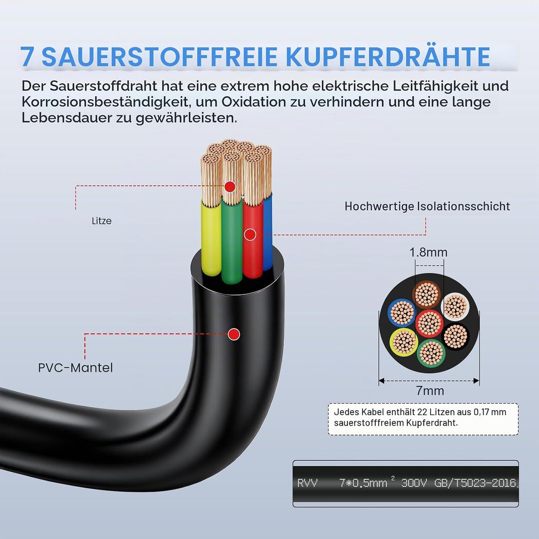 7 Adriges Schwarzes Kabel 5 Meter, 0,5 mm² Mehradrige Anhängerkabel, 12V 24V 48V Fahrzeugkabel, für