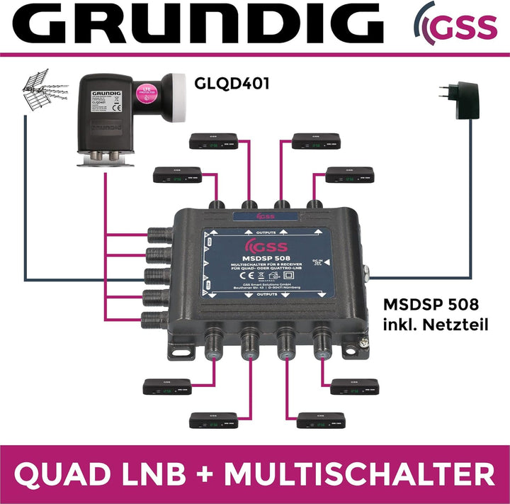 [ Test SEHR GUT *] GSS 5/8 Multischalter + GSS Grundig 4fach Quad LNB im Set, Multiswitch für 1 Sate