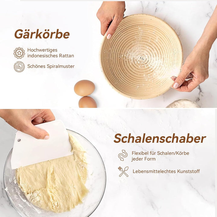 Sauerteig Starter Set, 12 Stück Gärkorb Brot Set, 9 Zoll Rattan Sauerteig Brot Gärkorb mit Kompletts