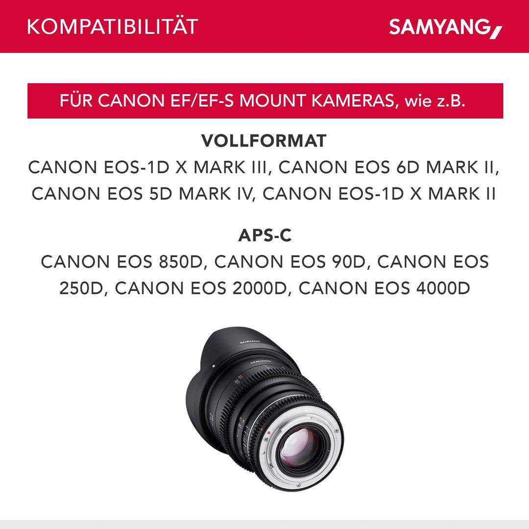 Samyang MF 24mm T1,5 VDSLR MK2 für Canon EF – lichtstarkes T1,5 Weitwinkel Cine-und Videoobjektiv fü
