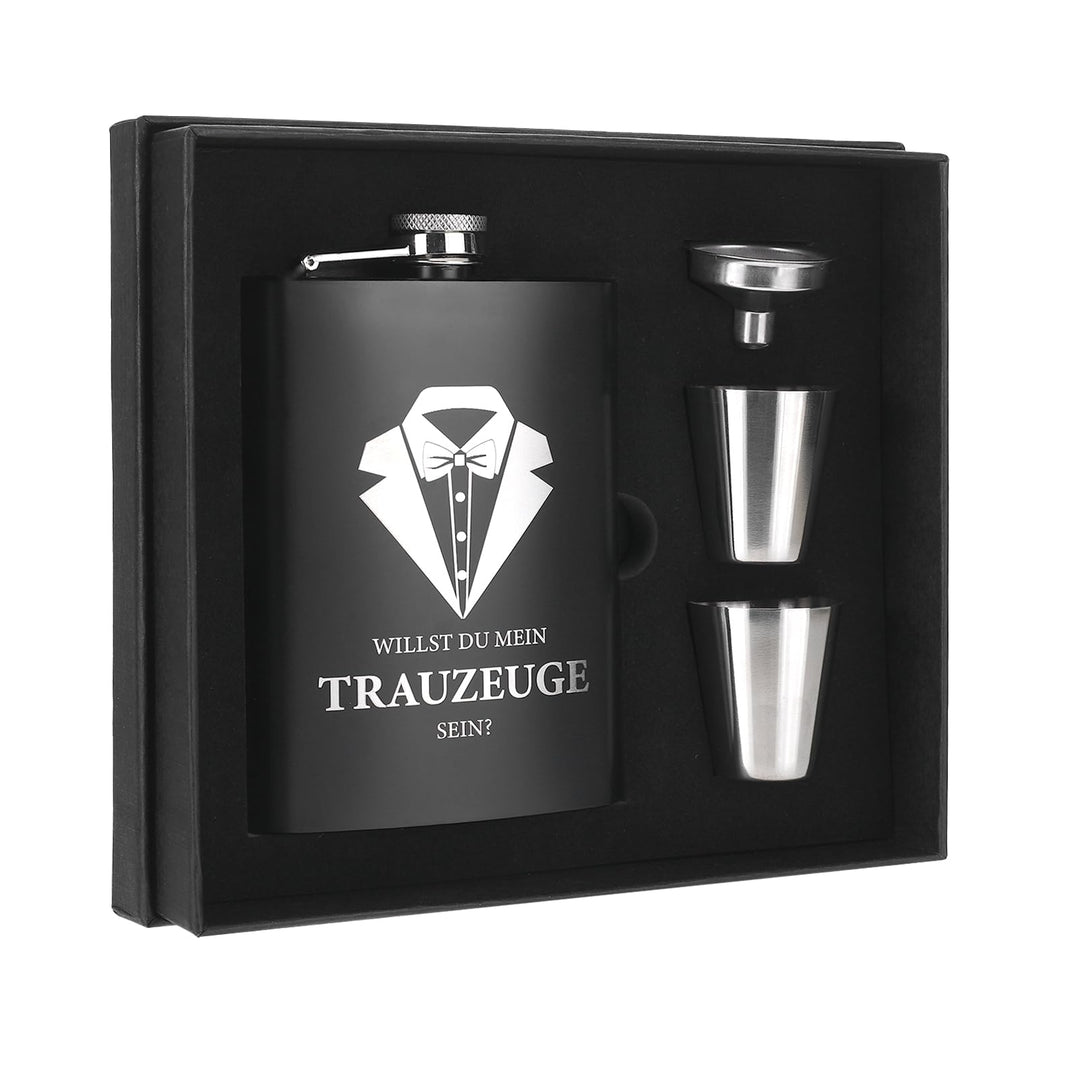 Willst Du Mein Trauzeuge Sein Flachmann Mit Gravur In Schwarz, Einzigartiges Geschenkset Mit Trinkbe