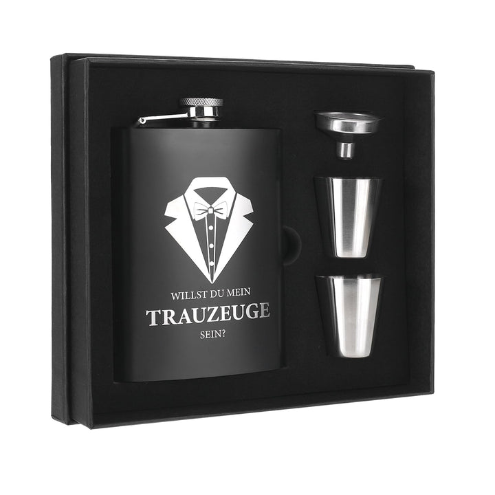 Willst Du Mein Trauzeuge Sein Flachmann Mit Gravur In Schwarz, Einzigartiges Geschenkset Mit Trinkbe
