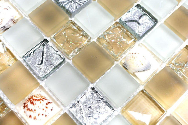 Mosaik Quadrat Crystal Muschel beige Glasmosaik Transluzent Transparent 3D, Mosaikstein Format: 23x2