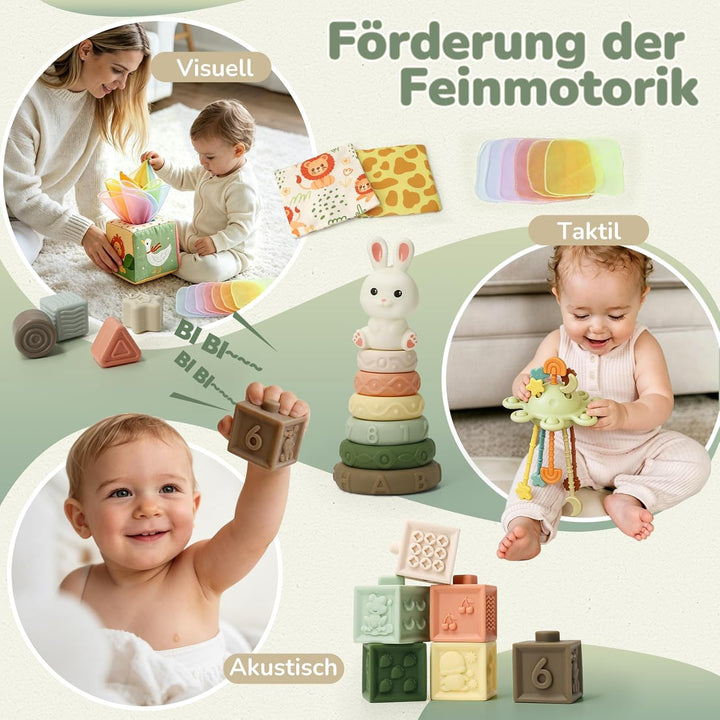 Montessori Spielzeug Baby ab 6 Monate, 5 in 1 Baby Spielzeug ab 7 8 9 Monate mit Bauklötze, Stapelri