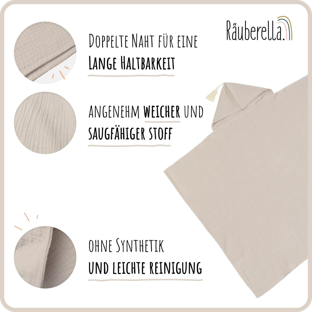 Räuberella® Kapuzenhandtuch-Baby in Beige I 75x100cm I Musselin-Badetuch-Baby aus 100% Bio-Baumwolle