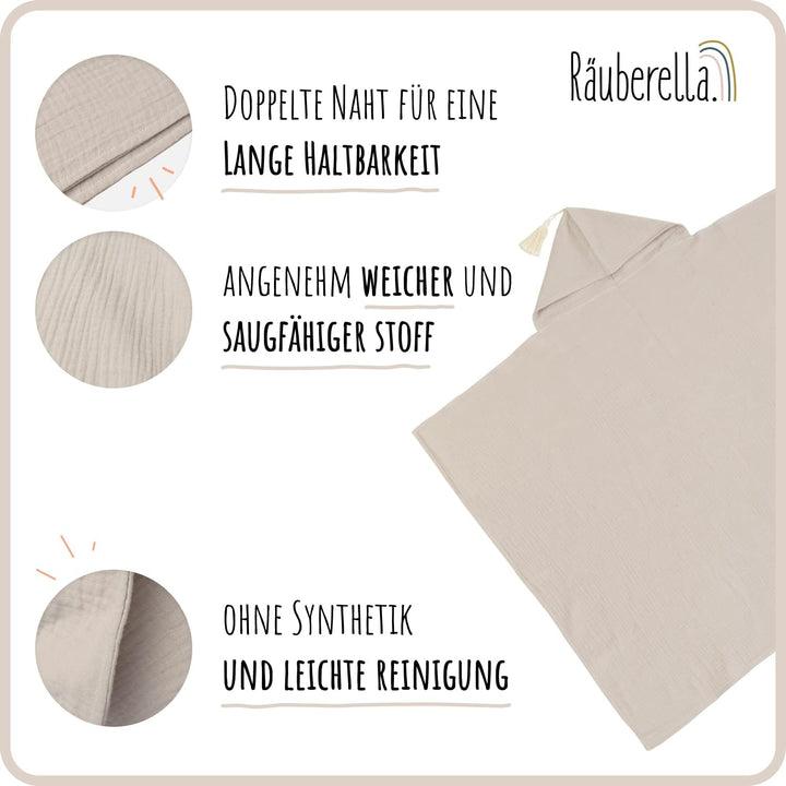 Räuberella® Kapuzenhandtuch-Baby in Beige I 75x100cm I Musselin-Badetuch-Baby aus 100% Bio-Baumwolle