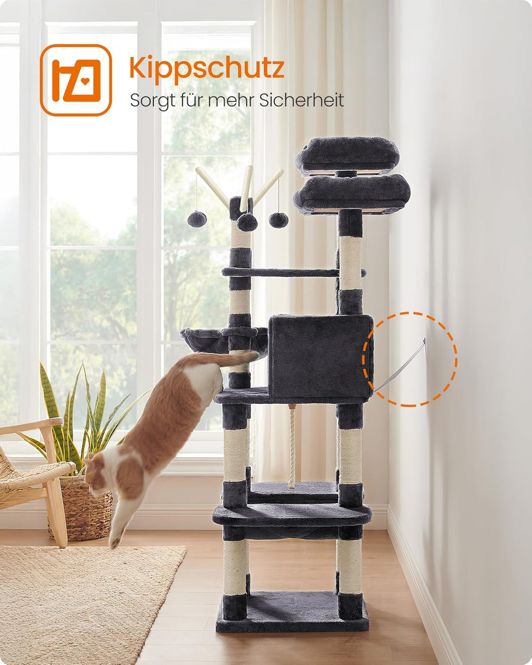 Feandrea Kratzbaum, XXL Katzenbaum, 164 cm, rauchgrau PCT087G01, Rauchgrau