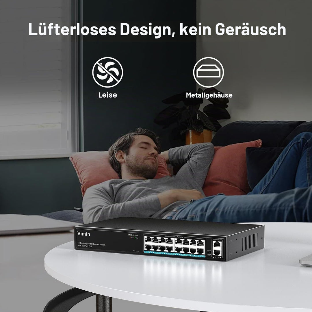 VIMIN 16-Port Gigabit PoE Switch mit 2 Uplink Gigabit Ports, 18-Port Unmanaged Ethernet PoE Switch m