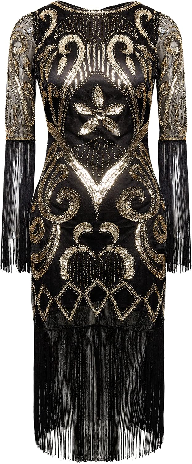 BABEYOND 1920er Jahre Flapper Kleid Lang Fransen Gatsby Kleid Roaring 20er Jahre Pailletten Perlen K