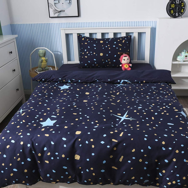 Kinder-Bettbezug, leuchtet im Dunkeln, blaue Cartoon-Sterne, Universum-Bettwäsche-Set für Teenager,