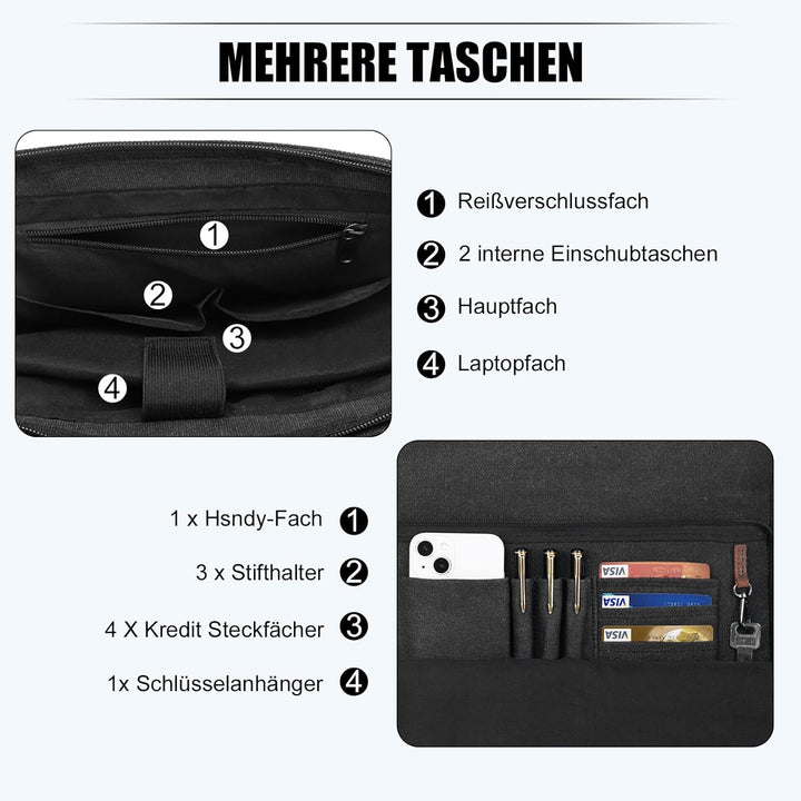 Eshow Umhängetasche Herren Wasserabweisend, Laptoptasche 15,6 Zoll aus Echtleder und Canvas, Messeng
