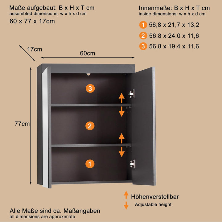 trendteam smart living - Spiegelschrank inkl. Beleuchtung - Bad - Amanda - Aufbaumass (BxHxT) 60 x 7