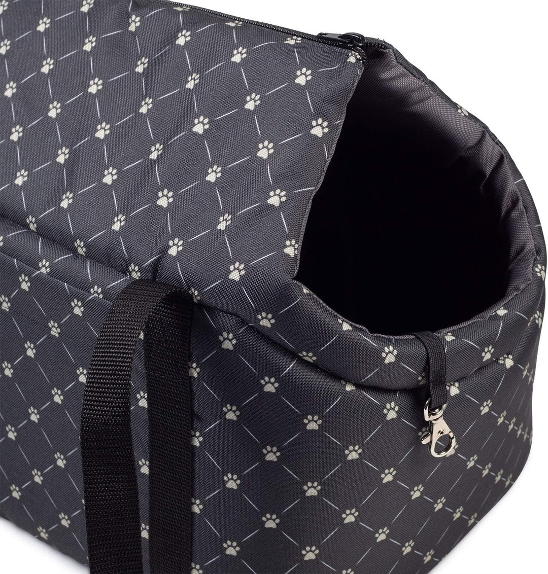 Hundetasche - Schwarz/Muster: Pfoten, M bis 10 kg - Tragetasche für kleinen und mittleren Hund, Welp