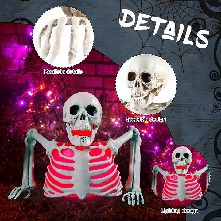 FUFRE Halloween Deko Skelett Mit LED, 23×20X11cm Halloween Skelett Mit Farbenfrohe Licht, Horror Dek