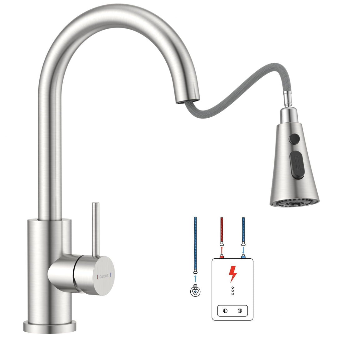 DAYONE Niederdruck Küchenarmatur, Ausziehbarer Wasserhahn mit 3 Strahlarten, Wasserhahn Küche mit 3