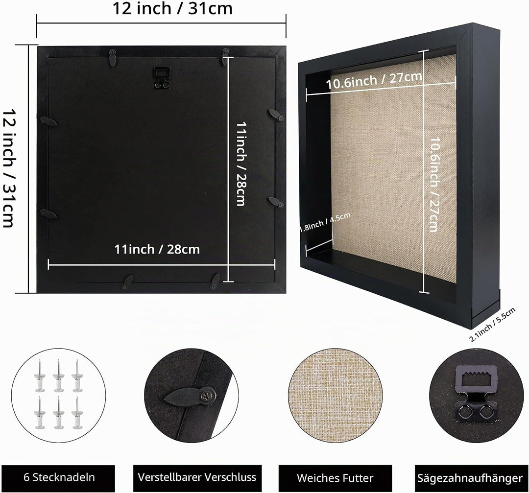 GraduatePro 3D bilderrahmen 30x30 zum befüllen gross schaukasten Wand für Schwarz Objektrahmen Hochz