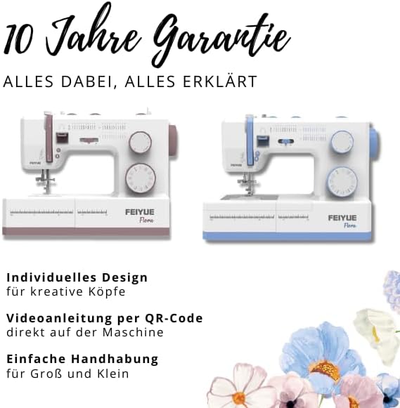 FEIYUE Flora Rosé Nähmaschine, 34 Stiche, LED, Freiarm, 38×16×28 cm, 6,4 kg, 100 W Servo, Elektrisch