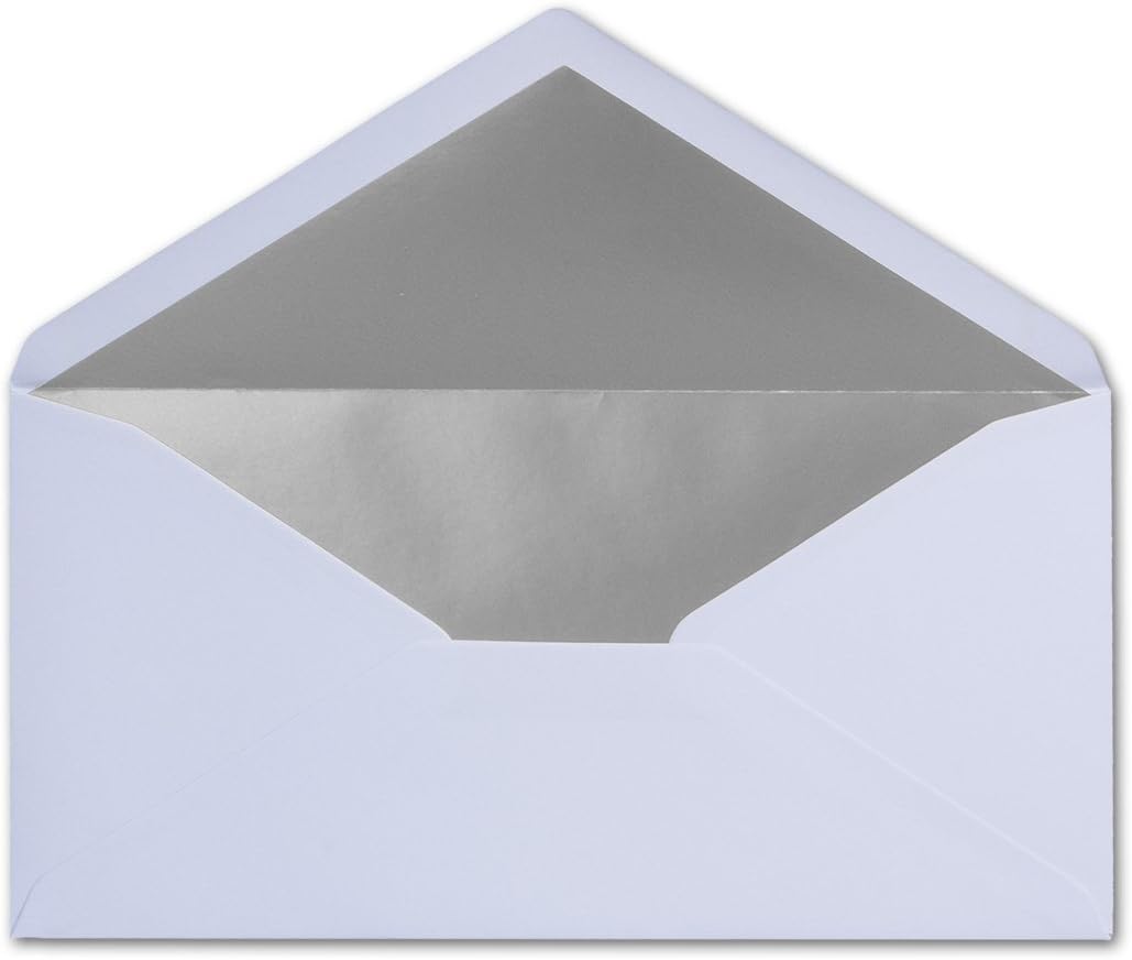 100 Brief-Umschläge DIN Lang - Weiss mit Silber-Metallic Innen-Futter - 110 x 220 mm - Nassklebung -