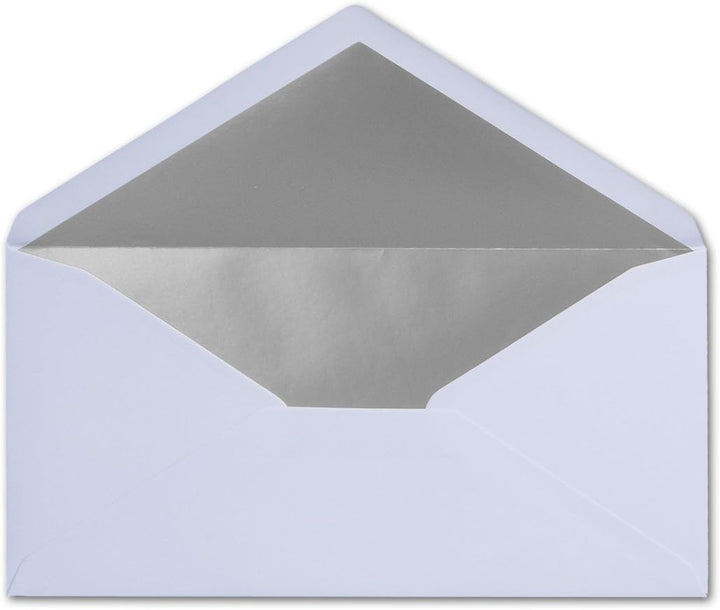 100 Brief-Umschläge DIN Lang - Weiss mit Silber-Metallic Innen-Futter - 110 x 220 mm - Nassklebung -