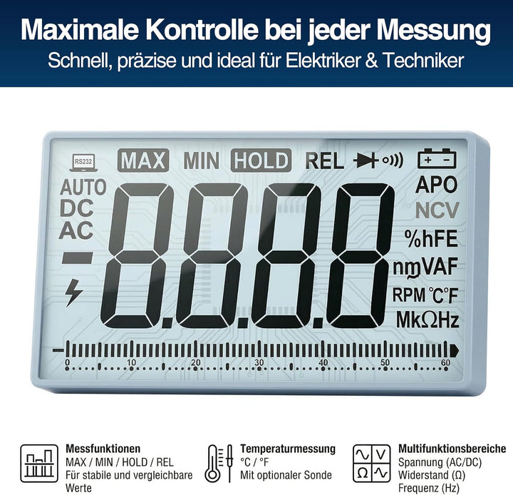 PeakTech 2025 A – True RMS Digital Multimeter, 6.000 Counts, integrierte Datenschnittstelle mit Soft